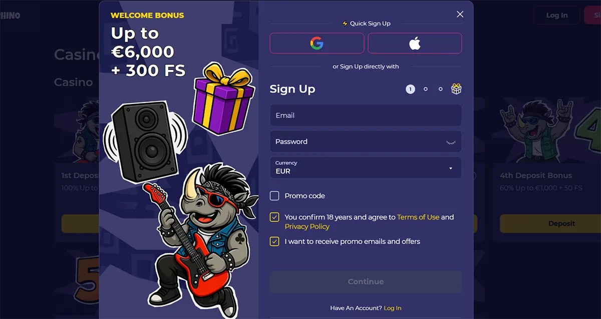 Casino welcome bonus popup with €6,000 + 300 free spins sign-up form