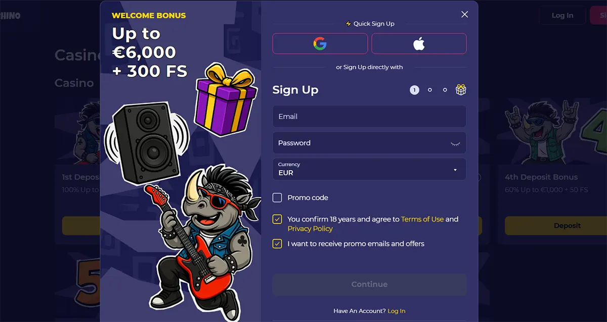 Casino welcome bonus popup with €6,000 + 300 free spins sign-up form